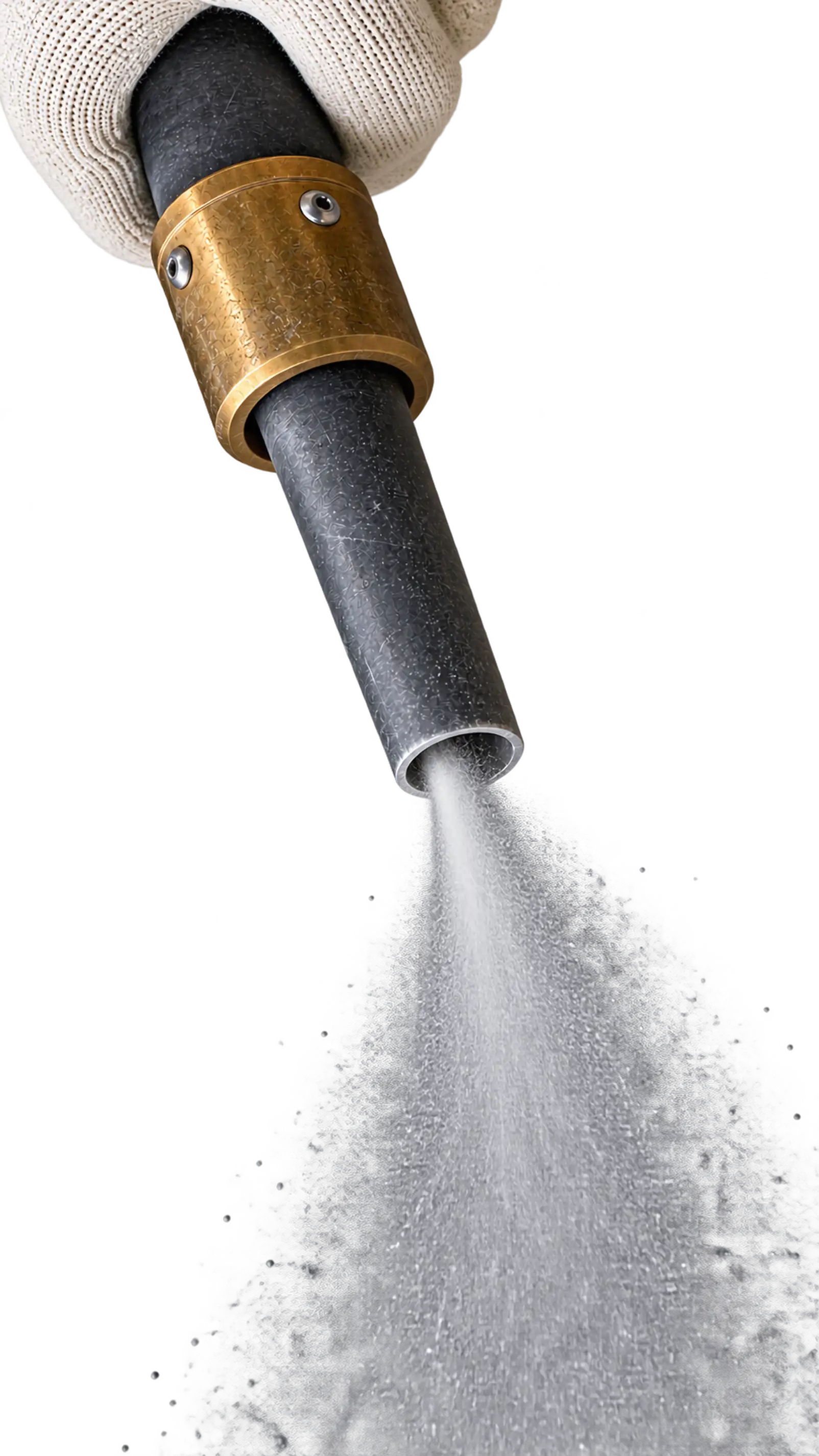 Close-up of sand blasting nozzle spraying abrasive